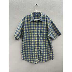 Gap Factory Store Mens Shirt Size XL Blue Yellow Plaid ShortSleeve Pearl Snap Up